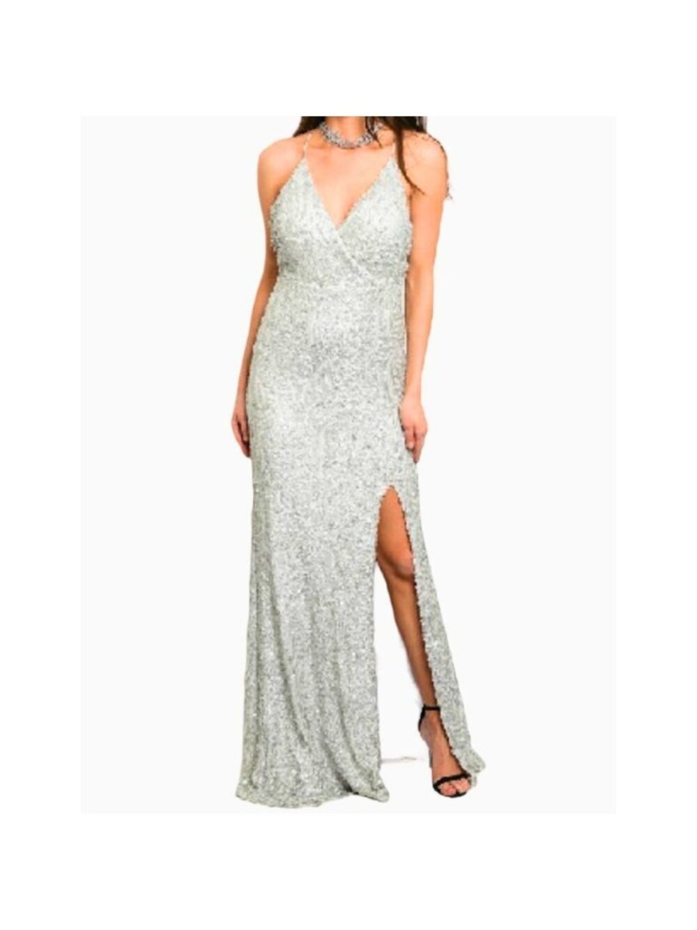 Spy Zone Exchange Sequin High Leg Slit Gown Silver White Size Medium NWT